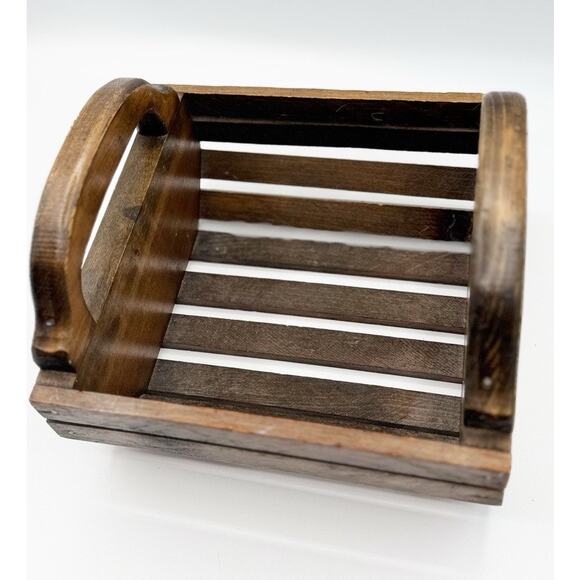 Vintage Wooden Slat Basket w/ Handles Hand Painted Outdoor Farm Scene Dark Wood - Picture 4 of 10